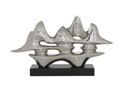 25" Silver Ceramic Abstract Wave Sculpture on Black Base