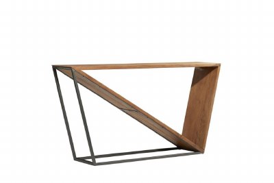 57" Light Wood and Black Metal Abstract Triangle Console Table