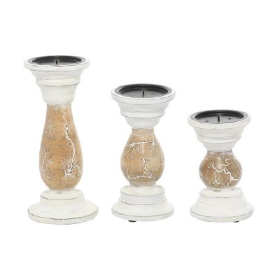 Set of 3 4" Round Distressed White and Brown Crackle Wood Pillar Candleholders