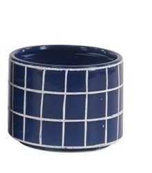 8" Round Dark Blue Ceramic White Grid Pattern Pot