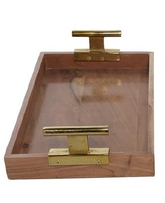 17" x 10" Acacia Wood Tray With Gold Pull Handles