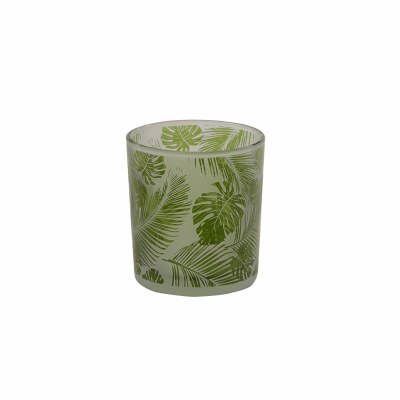 3" Round Frosted Glass Tropical Leaf Votive Candleholder