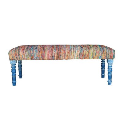 47" Multicolor Chindi Pattern Bench with Distressed Blue Legs