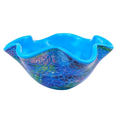 9" Round Blue Firestorm Art Glass Wavy Edged Bowl