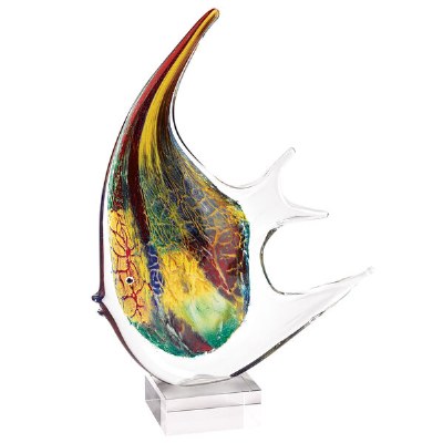 16" Multicolor Firestorm Art Glass Angel Fish on Crystal Base