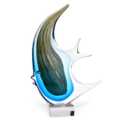 16" Blue and Green Art Glass Giant Angel Fish on Crystal Base