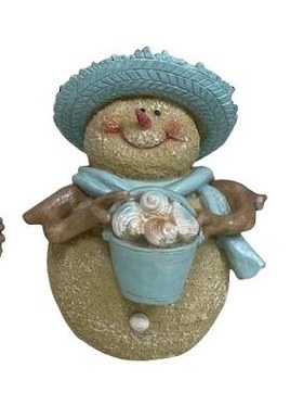6" Blue Hat Polyresin Sand Snowman Carrying Pail of Shells