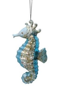 5" Blue Beaded Glass Seahorse Ornament