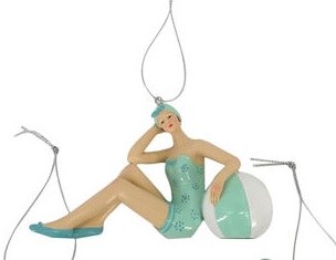 6" Aqua Vintage Beach Lady Leaning on Ball Ornament