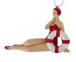 5" Red Vintage Beach Lady Laying With Ring Ornament