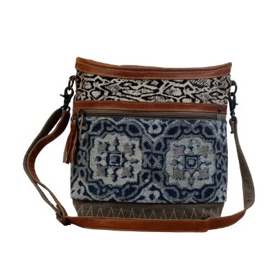 14" Blue Patterned Print and Snakeskin Leather Shoulder Bag