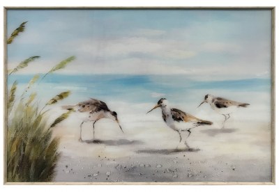 32" x 48" Sandpiper Sandpiper Trio Tempered Glass Art in Whitewashed Frame