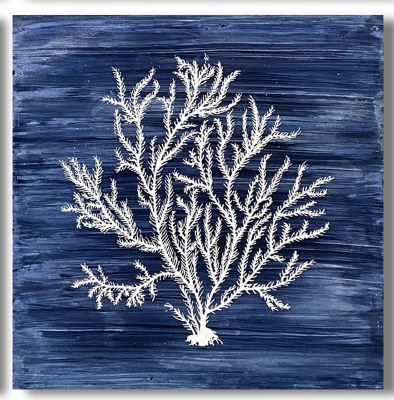 20" Square Thick White Coral on Navy Brush Background Canvas Wall Art