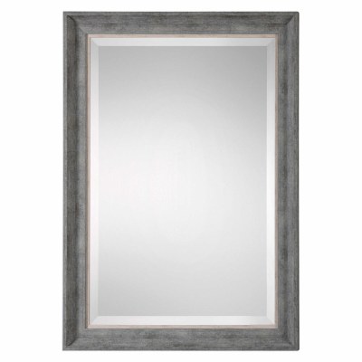 42" x 30" Silver Gray Sloped Wood Wiith Natural Wood Rim Wall Mirror