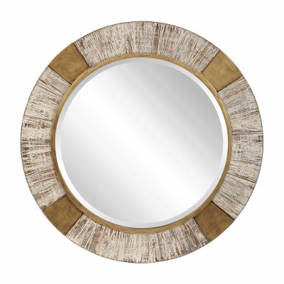 40" Round Whitewashed Wood Panels Wall Mirror