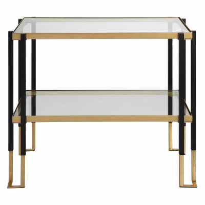 28" Black and Gold Metal With Glass Shelf Side Table