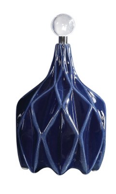 13" Cobalt Blue Geometric Pattern Bottle With Crystal Ball Stopper