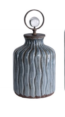 13" Gray Blue Ceramic Fluted Bottle With Bronze and Crystal Top