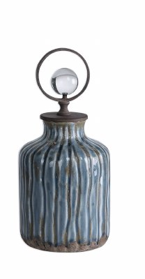 11" Gray Blue Ceramic Fluted Bottle With Bronze and Crystal Top