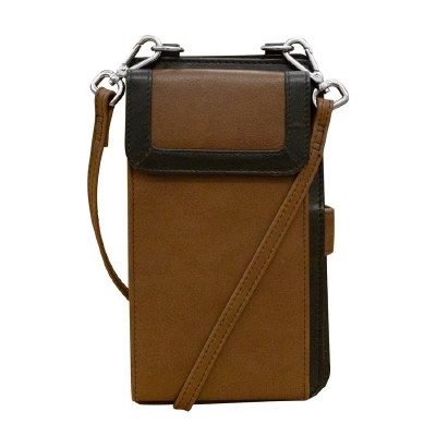 8" x 5" Toffee and Black Leather Phone Wallet Crossbody Bag
