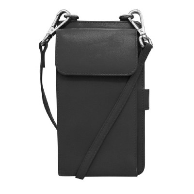 8" x 5" Black Leather Phone Wallet Crossbody Bag