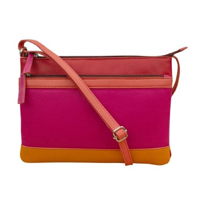 7" x 10" Pink and Yellow Sunset Leather Double Zip Color Block Crossbody Bag