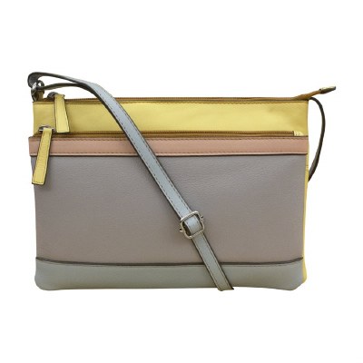 7" x 10" Gray and Yellow Pastel Leather Double Zip Color Block Crossbody Bag