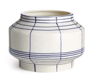 7" White and Blue Ceramic Low Grid Vase