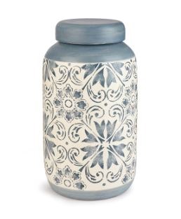 14" Blue and White Ceramic Pattern Jar With Lid