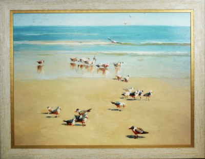 36" x 48" Brids on The Beach on Gel Textured Print in Antique White Frame