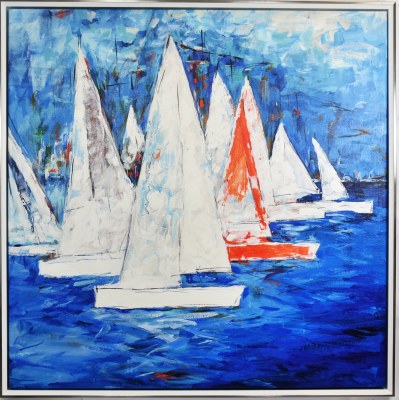 45" Square White Boats on Blue Gel Textured Print Canvas in Silver Frame