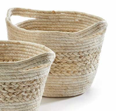 14" Natural Grass Banded Basket With Handles