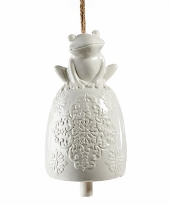 9" White Ceramic Embossed Bell With Frog Wind Chime