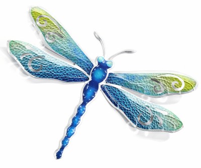 15" Blue and Green With Silver Trim Metal Dragonfly Wall Art Plaque
