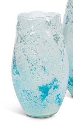 14" White and Blue Marbled Artisanal Art Glass Vase