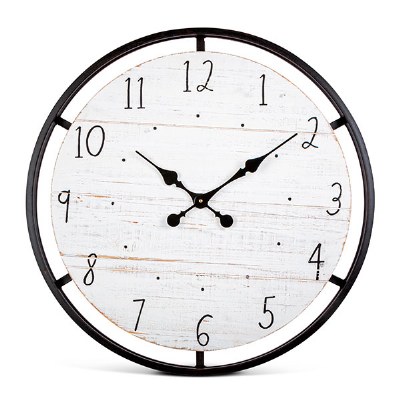 24" Round Black Metal and Distressed Wood Wall Clock