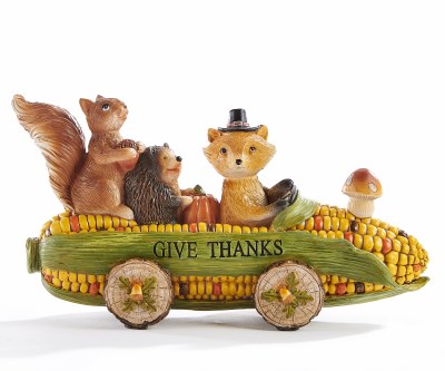 9" Polyresin Animals in Corn Car With Give Thanks Sign Fall and Thanksgiving Decoration