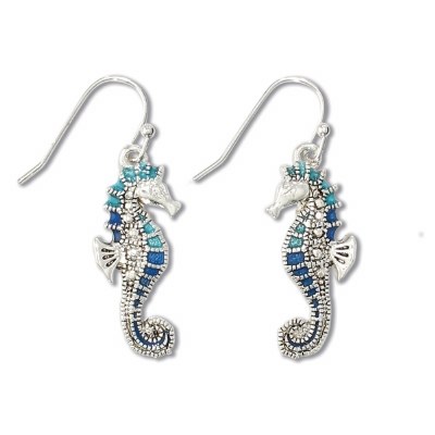Silver Toned Seahorse Drop Earrings With Turquoise and Blue Inlay