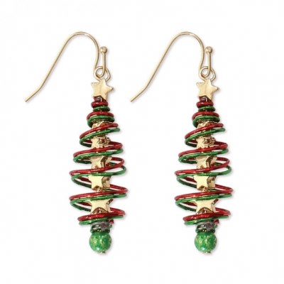 Red and Green Twist Tree With Gold Star Crystal Trunk Drop Earrings