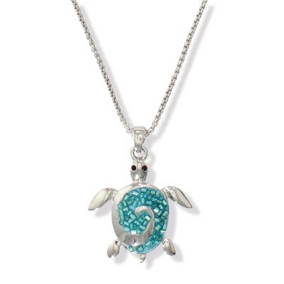 16" Silver Toned Aqua Polyresin Inlay Turtle Necklace
