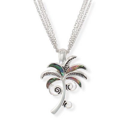17" Silver Toned Abalone Inlay Palm Tree in Waves Triple Layer Necklace