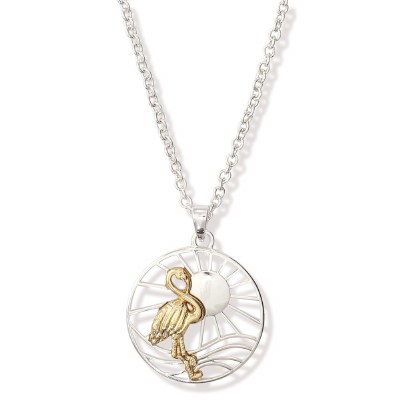 18" Silver Toned Sun and Sea With Gold Toned Flamingo Pendant Necklace