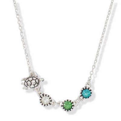 18" Silver Toned Sea Turtle and Clear, Green and Blue Crystal Necklace