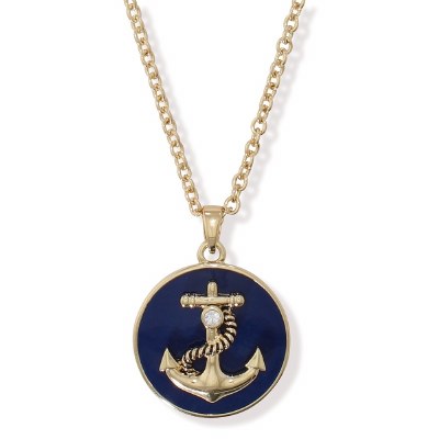 Gold Toned Anchor on Navy Blue Inlay Pendant Necklace
