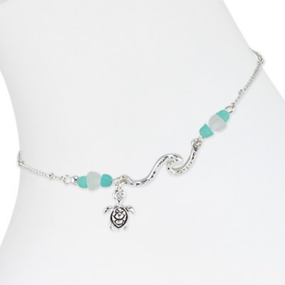 Silver Toned Wave and Sea Turtle With Sea Glass Anklet