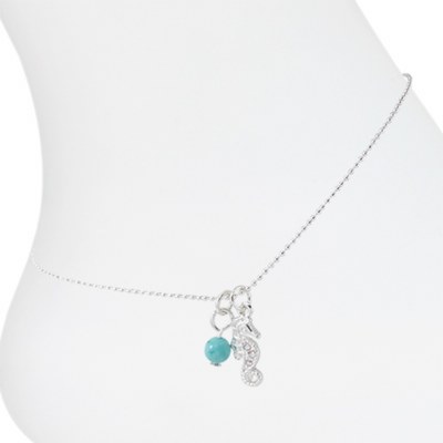 Silver Toned Crystal Studded Sand Dollar Charm and Turquoise Drop Anklet