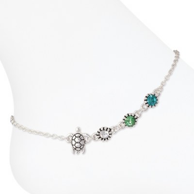 Silver Toned Detailed Turtle With Clear, Green and Teal Crystals Anklet