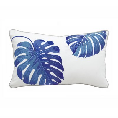 12" x 21" Blue Embroidered Monstera Indoor Outdoor Pillow