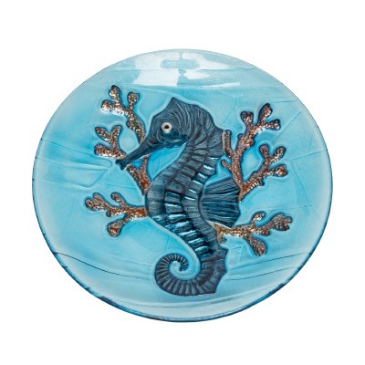 12" Round Blue Glass Seahorse in Coral Plate