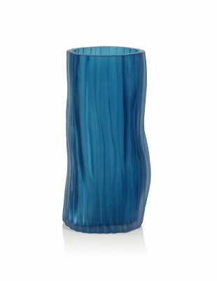 11" Dark Blue Ribbed Powder Glass Vase